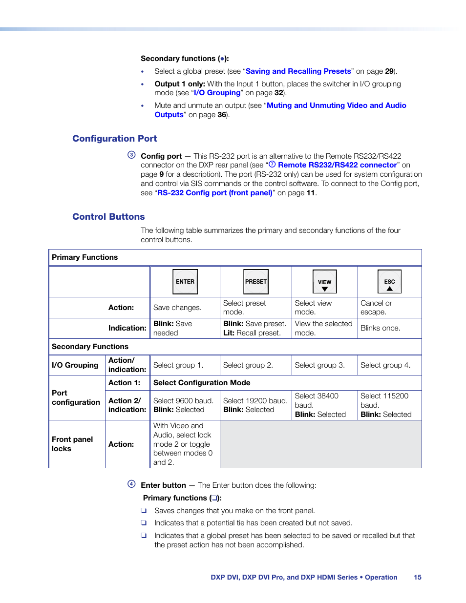 Configuration port, Control buttons, Configuration port control buttons | Extron Electronics DXP HDMI User Manual | Page 21 / 137