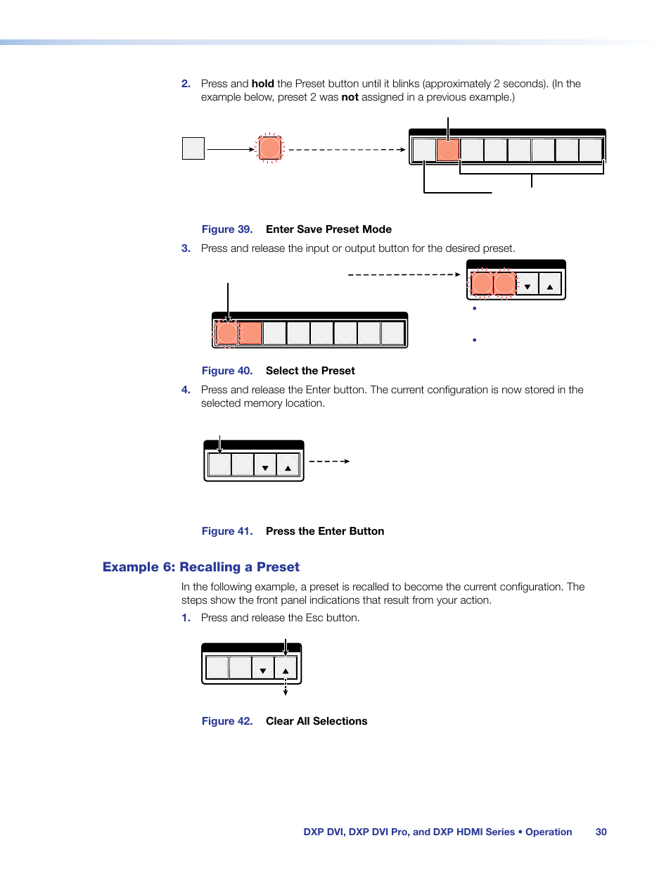 Example 6: recalling a preset, Figure 41. press the enter button, Figure 42. clear all selections | Extron Electronics DXP HDMI User Manual | Page 36 / 137