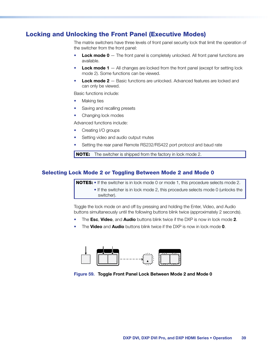 Locking and unlocking the front panel, Executive modes), Selecting lock mode 2 or toggling | Between mode 2 and mode 0, Mode 2 and lock mode 0) (see, Ont panel (see, Locking and unlocking the front panel (executive, Modes) | Extron Electronics DXP HDMI User Manual | Page 45 / 137