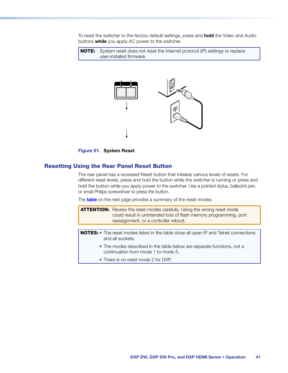 Resetting using the rear panel reset button, Resetting using the rear panel reset, Button | Extron Electronics DXP HDMI User Manual | Page 47 / 137