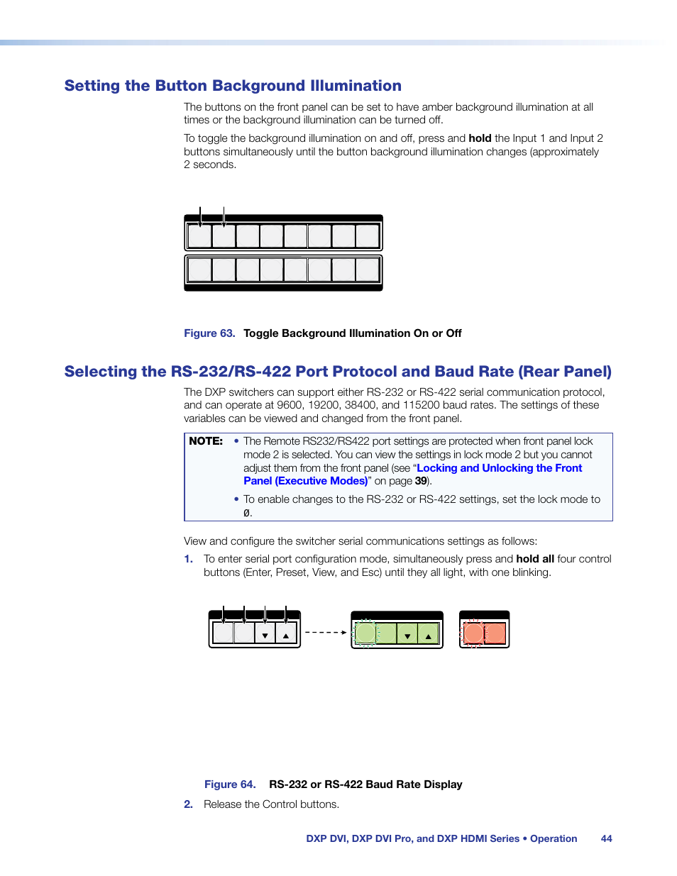 Setting the button background illumination, And baud rate (rear panel), Configuration mode (see | Selecting the rs-232/rs-422 protocol and baud, Rate (rear panel) | Extron Electronics DXP HDMI User Manual | Page 50 / 137