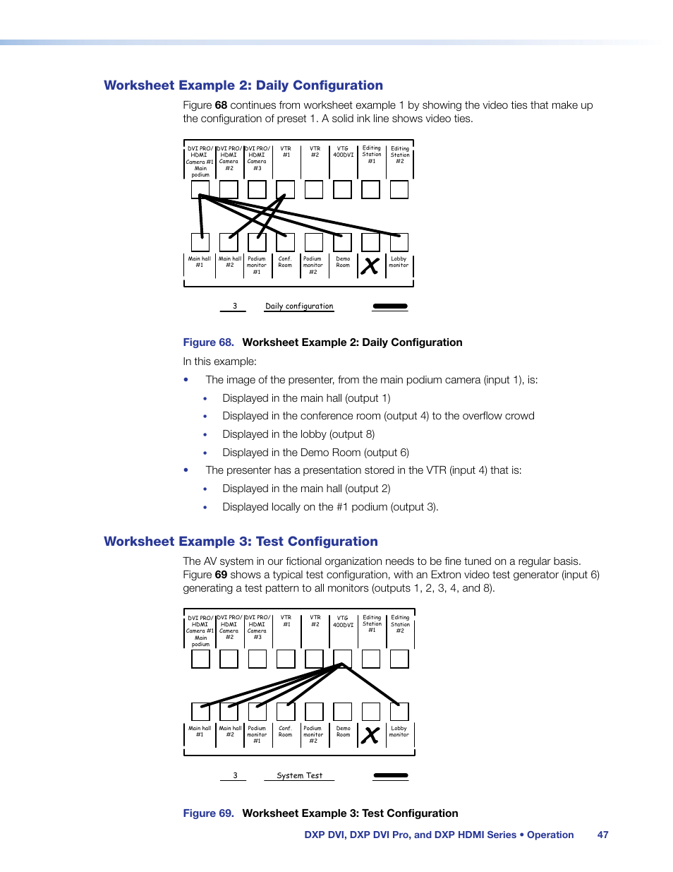 Worksheet example 2: daily configuration, Worksheet example 3: test configuration, Displayed in the main hall (output 1) | Displayed in the lobby (output 8), Displayed in the main hall (output 2), Displayed locally on the #1 podium (output 3), Figure 69. worksheet example 3: test configuration | Extron Electronics DXP HDMI User Manual | Page 53 / 137