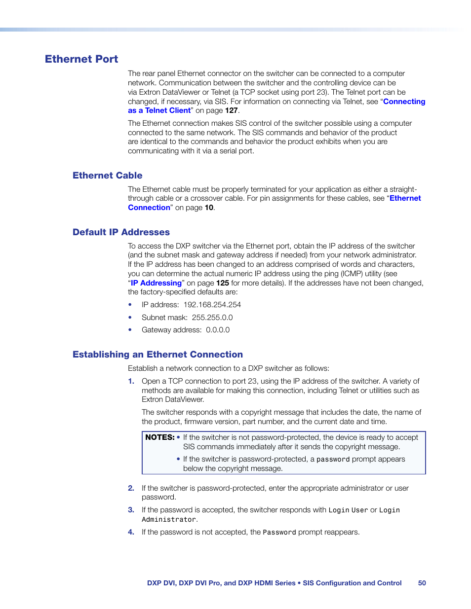 Ethernet port, Ethernet cable, Default ip addresses | Establishing an ethernet connection | Extron Electronics DXP HDMI User Manual | Page 56 / 137