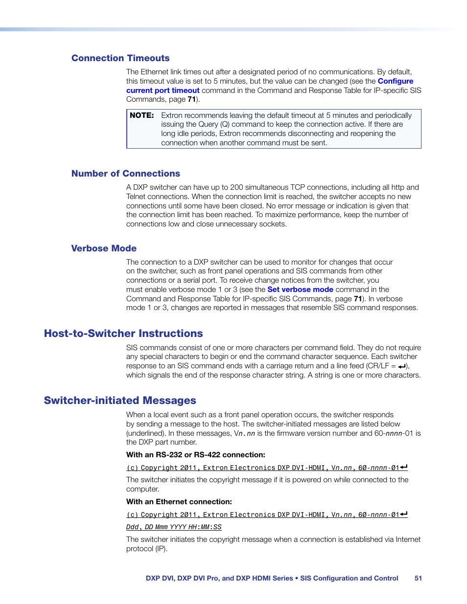 Connection timeouts, Number of connections, Verbose mode | Host-to-switcher instructions, Switcher-initiated messages, Host to switcher instructions | Extron Electronics DXP HDMI User Manual | Page 57 / 137