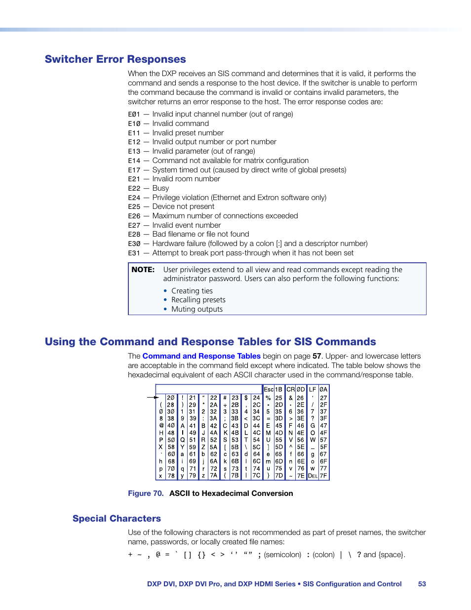 Switcher error responses, Special characters, For sis commands | Extron Electronics DXP HDMI User Manual | Page 59 / 137
