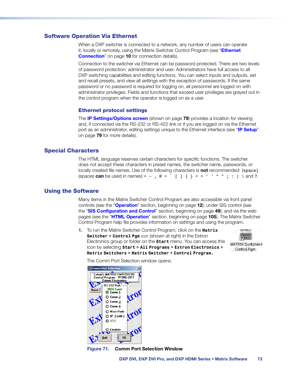 Software operation via ethernet, Special characters, Using the software | Extron Electronics DXP HDMI User Manual | Page 79 / 137
