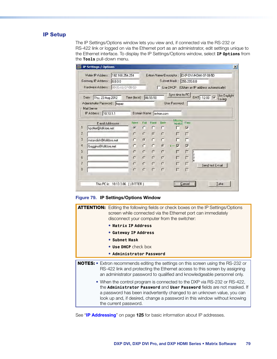 Ip setup, Ip settings/options screen | Extron Electronics DXP HDMI User Manual | Page 85 / 137