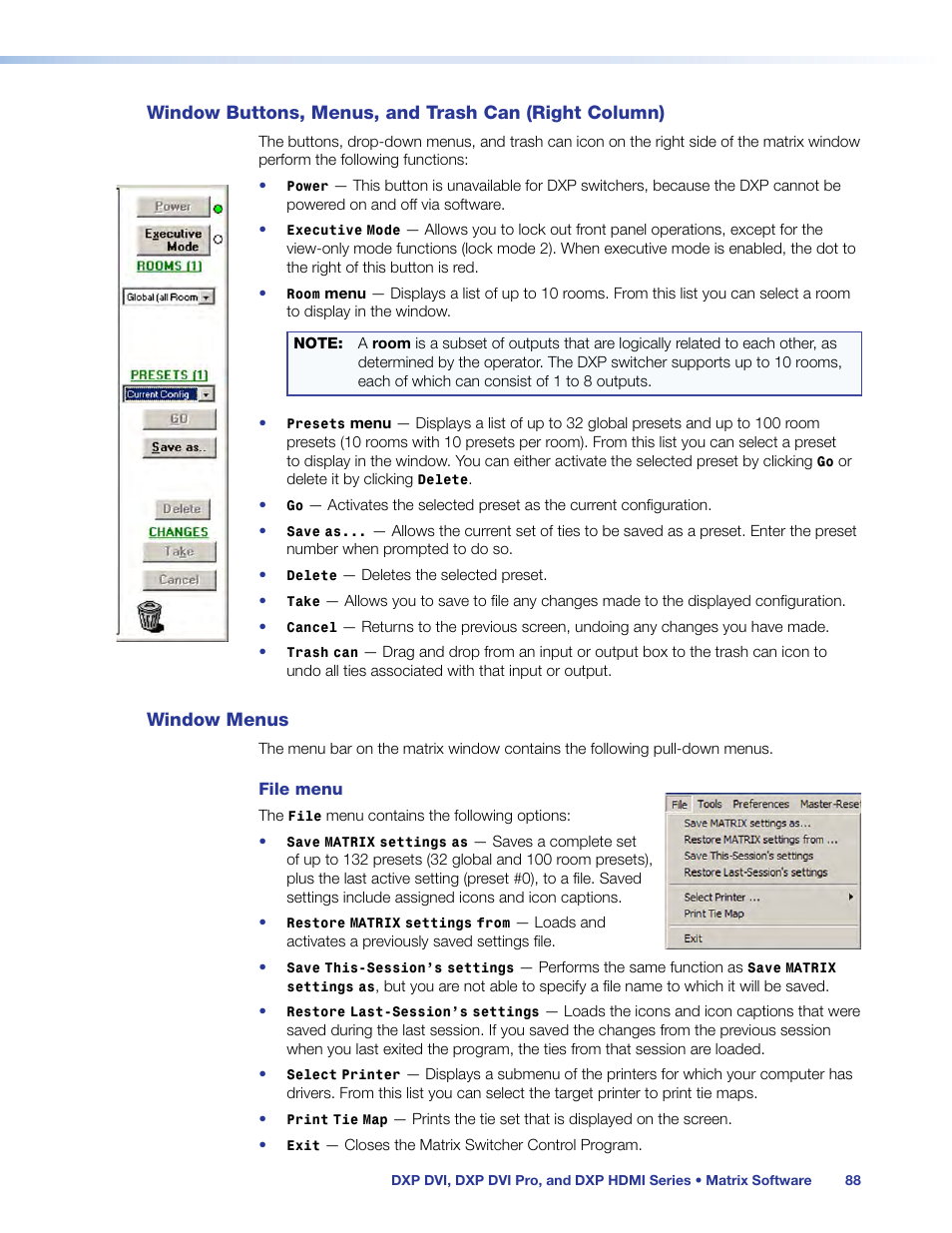 Window menus, Window buttons, menus, and trash can, Right column) | Extron Electronics DXP HDMI User Manual | Page 94 / 137