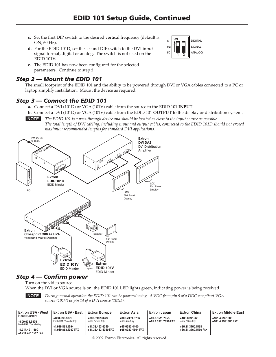 Edid 101 setup guide, continued, Step 4 — confirm power, Step 2 — mount the edid 101 | Step 3 — connect the edid 101 | Extron Electronics EDID 101 Setup Guide User Manual | Page 2 / 2