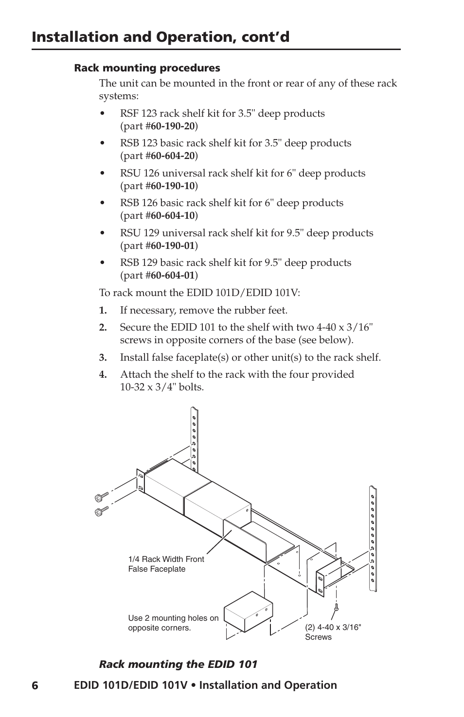 Rack mounting procedures, Installation and operation, cont’d | Extron Electronics EDID 101D_101V User Guide User Manual | Page 10 / 20