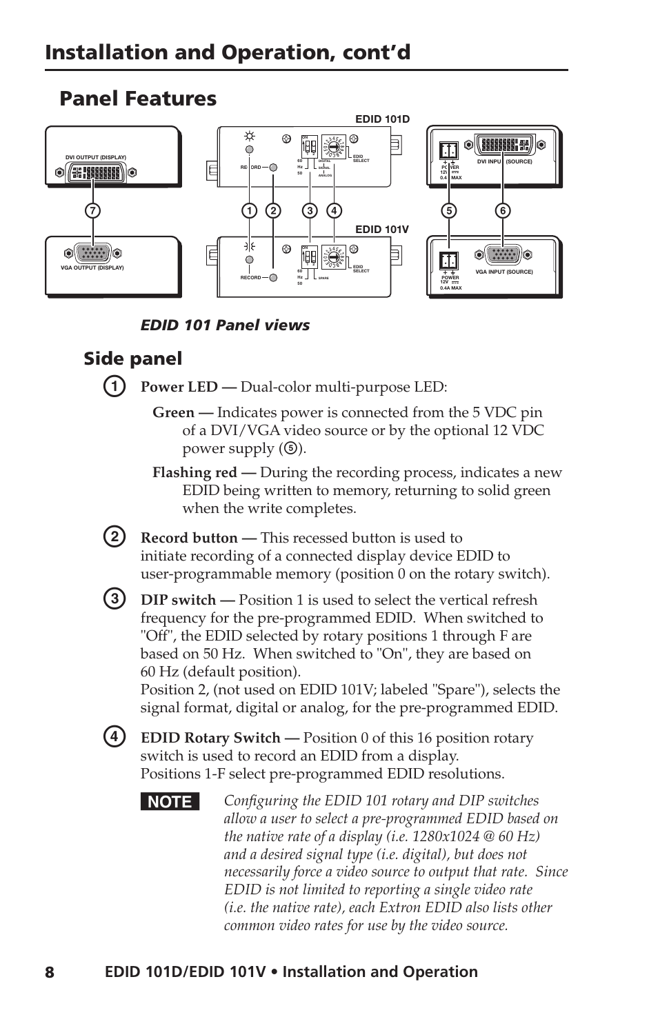 Panel features, Side panel, Installation and operation, cont’d | Edid 101 panel views | Extron Electronics EDID 101D_101V User Guide User Manual | Page 12 / 20