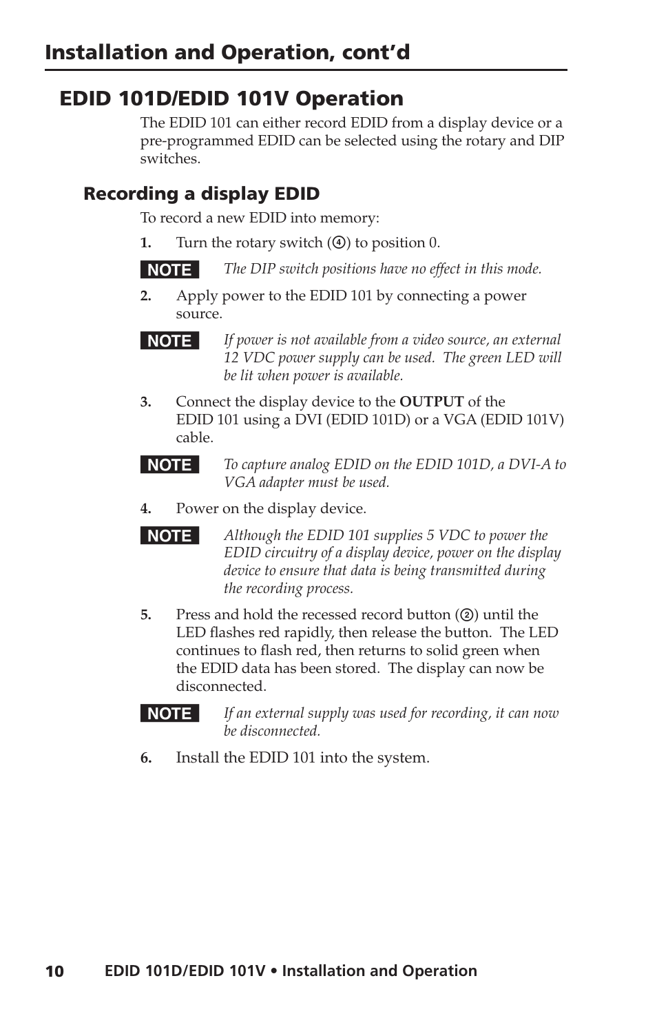 Edid 101d/edid 101v operation, Recording a display edid, Installation and operation, cont’d | Extron Electronics EDID 101D_101V User Guide User Manual | Page 14 / 20