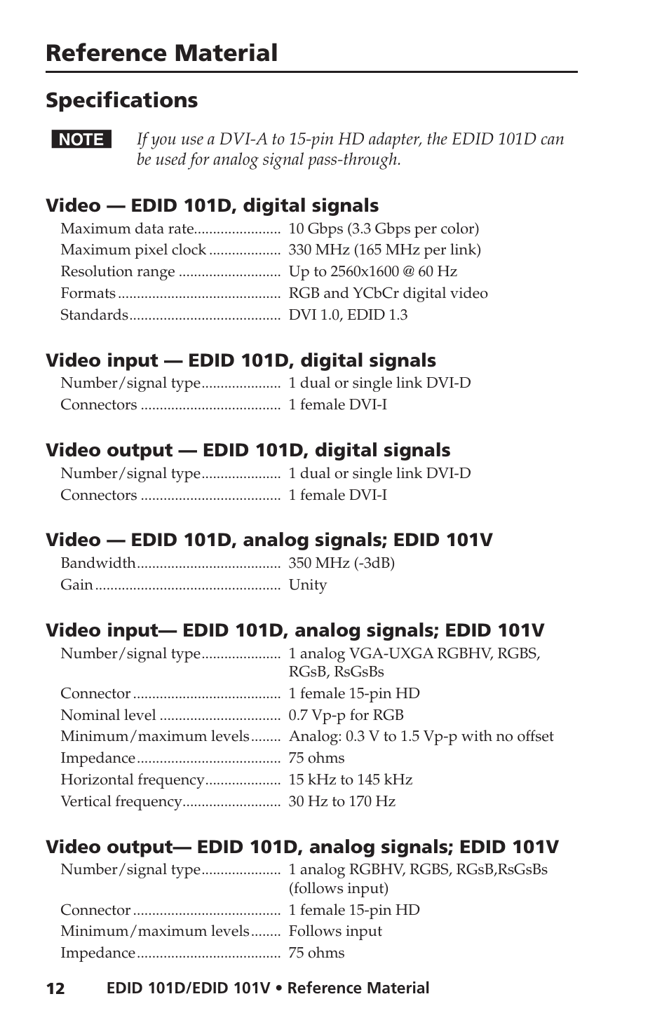 Specifications, Reference material | Extron Electronics EDID 101D_101V User Guide User Manual | Page 16 / 20