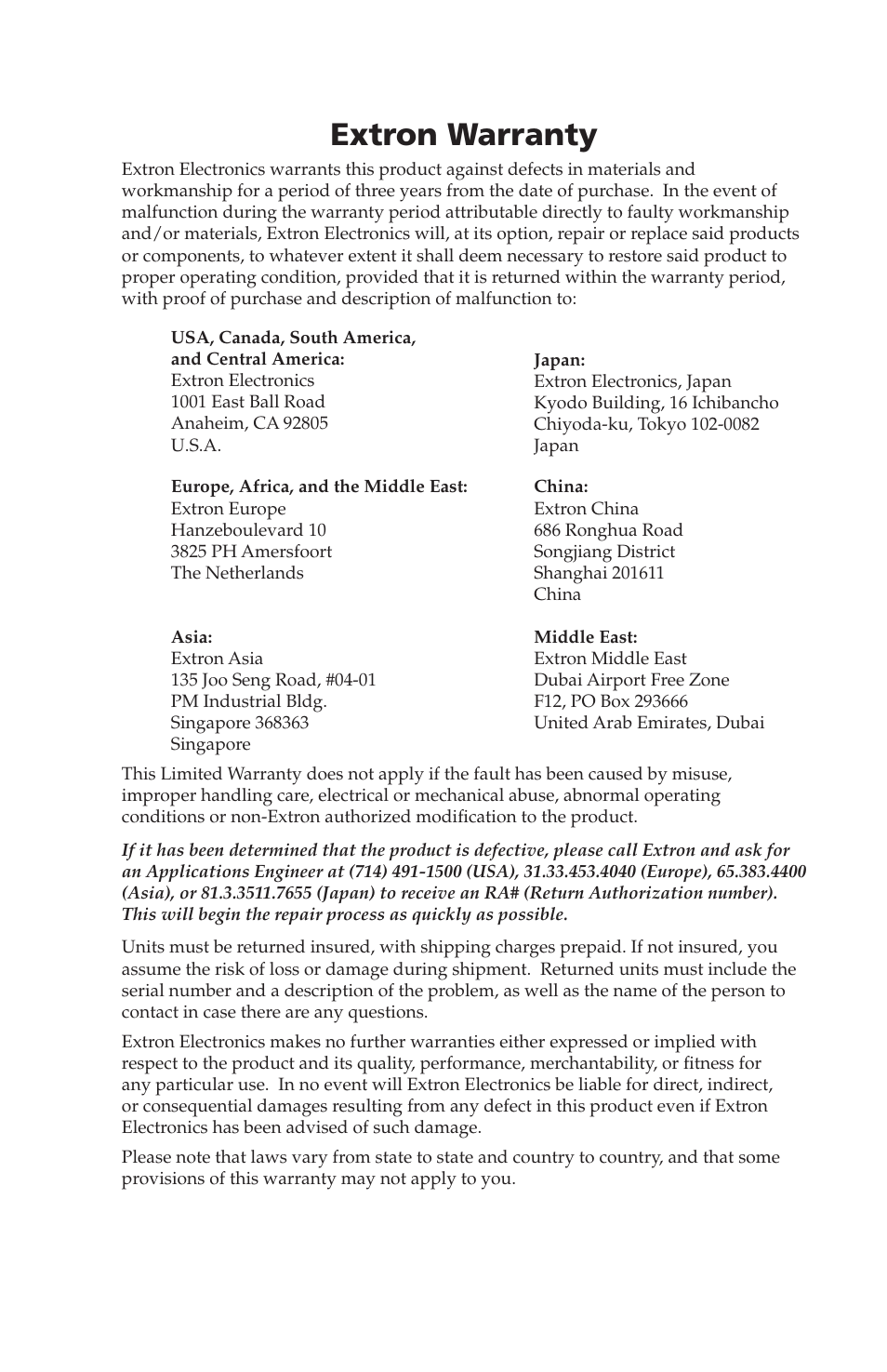 Extron warranty | Extron Electronics EDID 101D_101V User Guide User Manual | Page 19 / 20