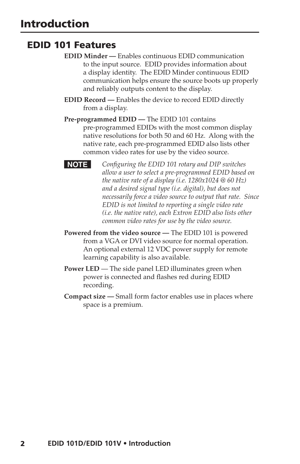 Edid 101 features, Introduction | Extron Electronics EDID 101D_101V User Guide User Manual | Page 6 / 20