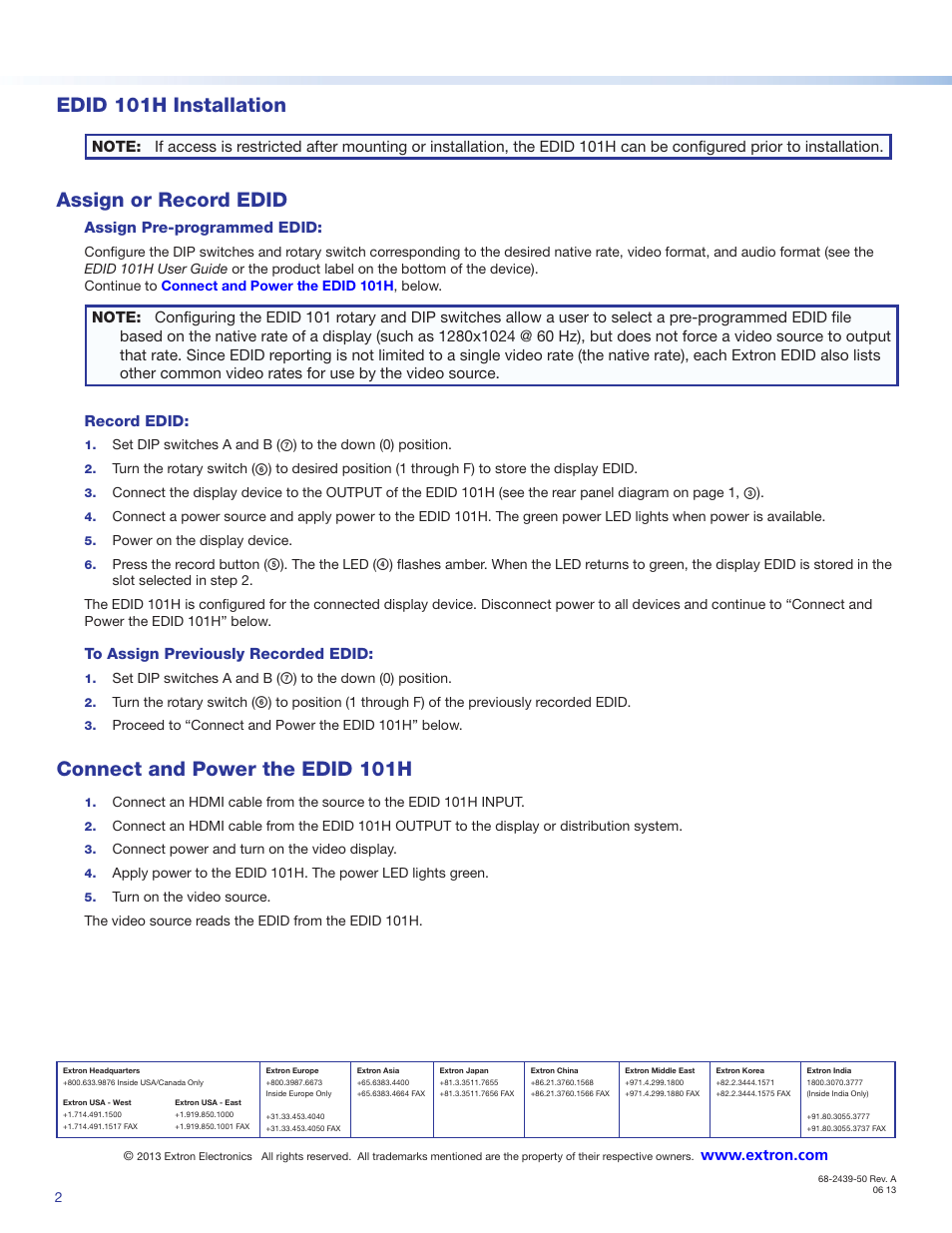 Assign or record edid, Connect and power the edid 101h, Edid 101h installation | Extron Electronics EDID 101H Setup Guide User Manual | Page 2 / 2