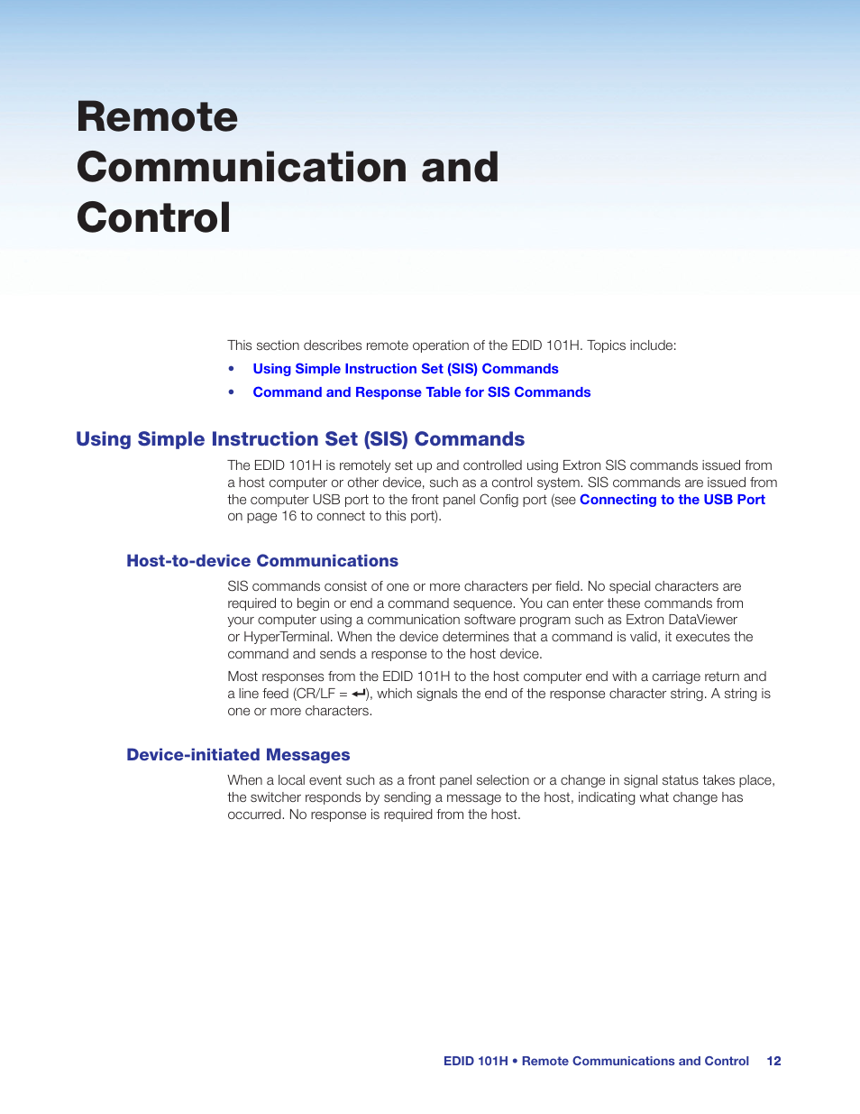 Remote communication and control, Using simple instruction set (sis) commands, Host-to-device communications | Device-initiated messages | Extron Electronics EDID 101H User Guide User Manual | Page 18 / 30