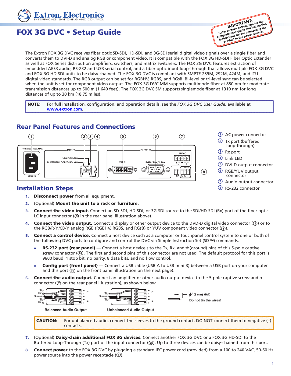 Extron Electronics FOX 3G DVC Setup Guide User Manual | 2 pages