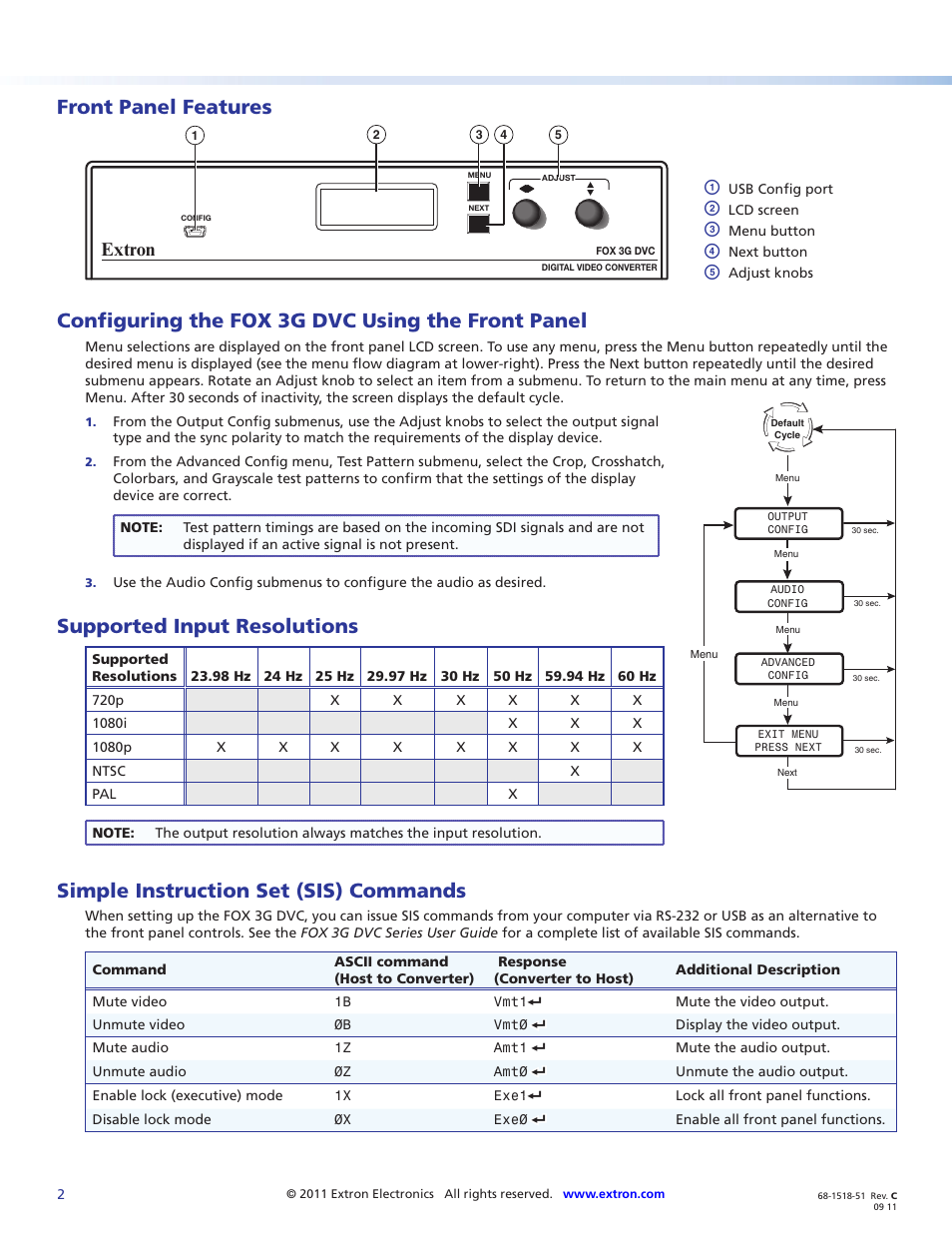 Front panel features, Configuring the fox 3g dvc using the front panel, Supported input resolutions | Simple instruction set (sis) commands, Extron | Extron Electronics FOX 3G DVC Setup Guide User Manual | Page 2 / 2