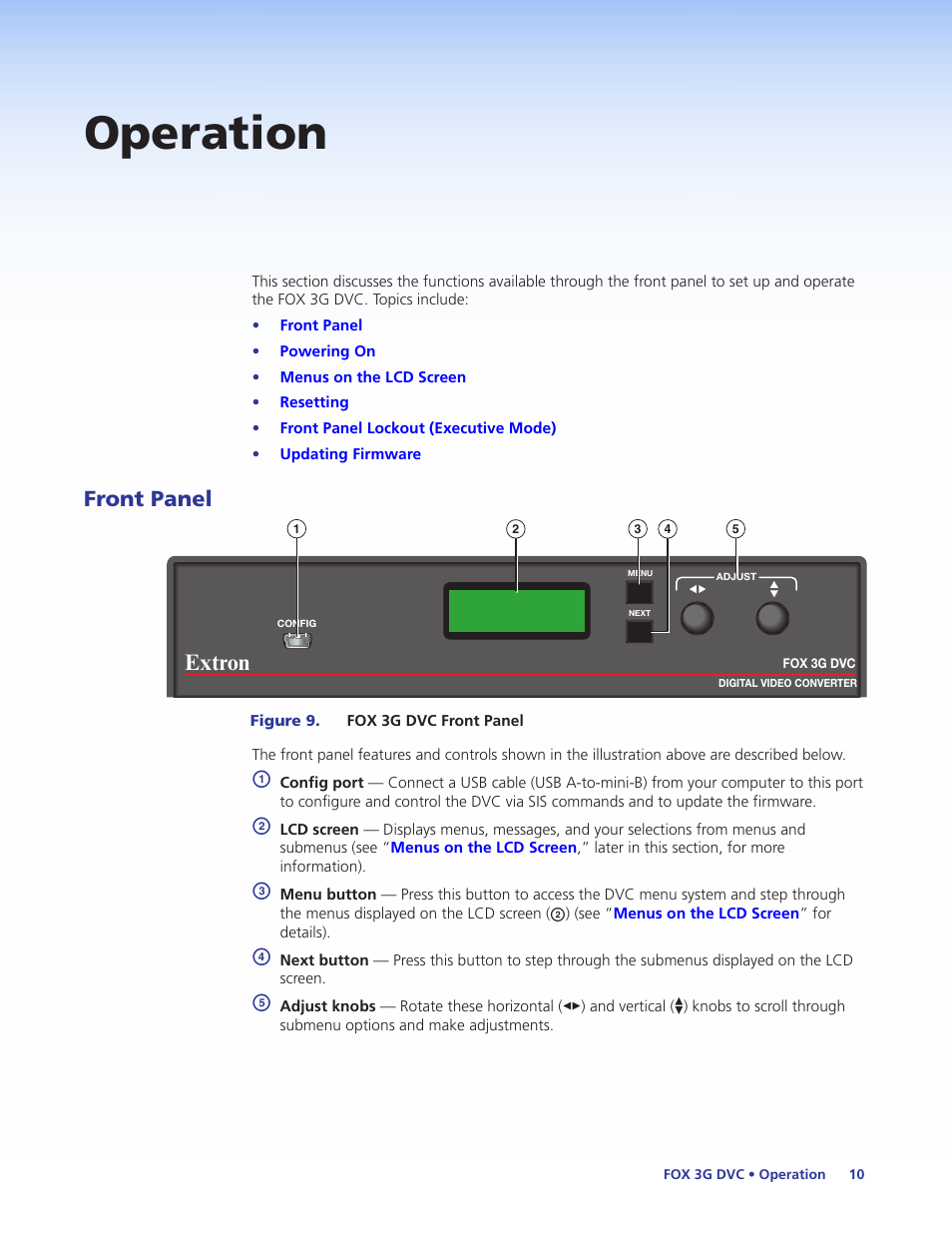 Operation, Front panel, Extron | Extron Electronics FOX 3G DVC User Guide User Manual | Page 16 / 39