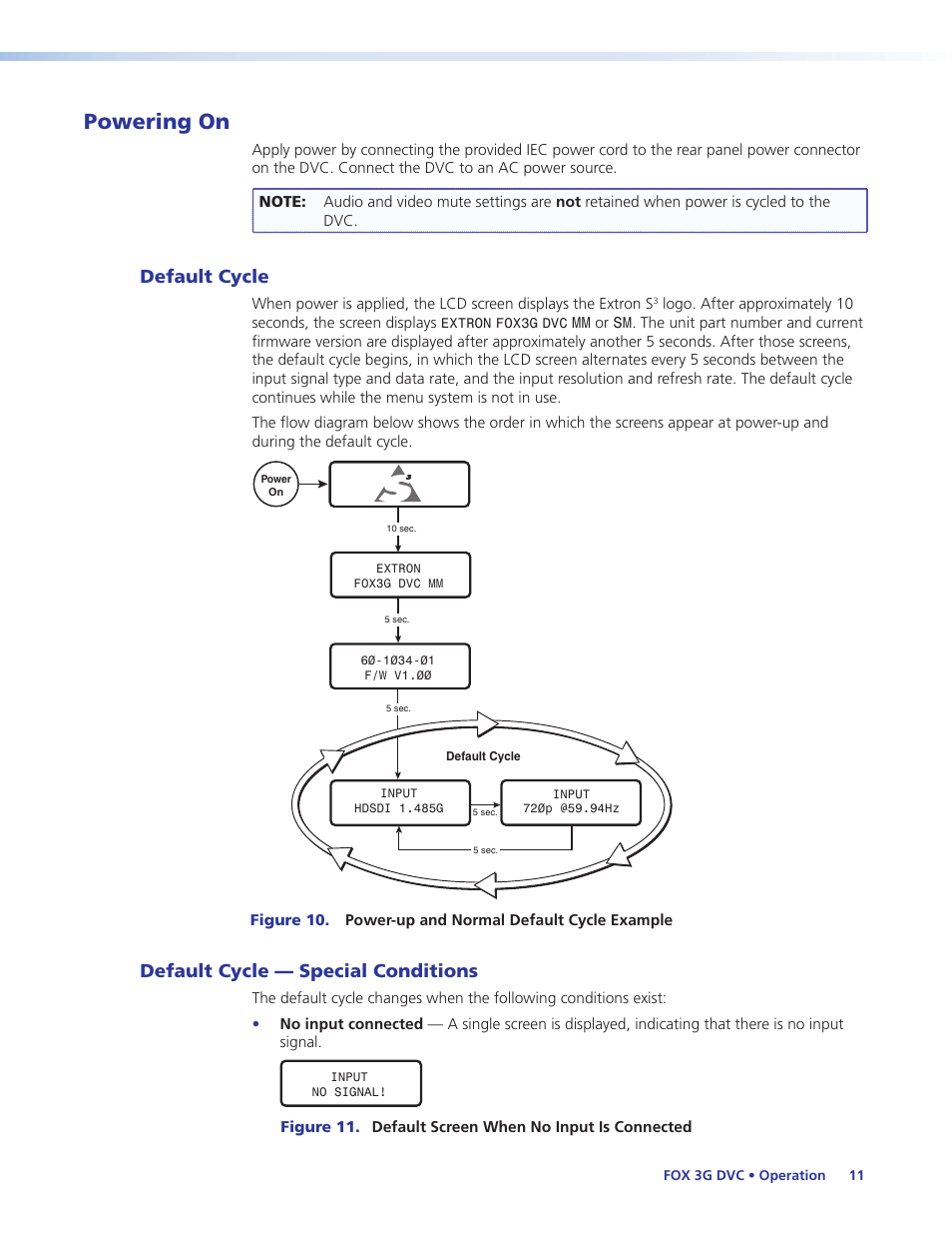 Powering on, Default cycle, Default cycle — special conditions | Default cycle default cycle — special conditions | Extron Electronics FOX 3G DVC User Guide User Manual | Page 17 / 39