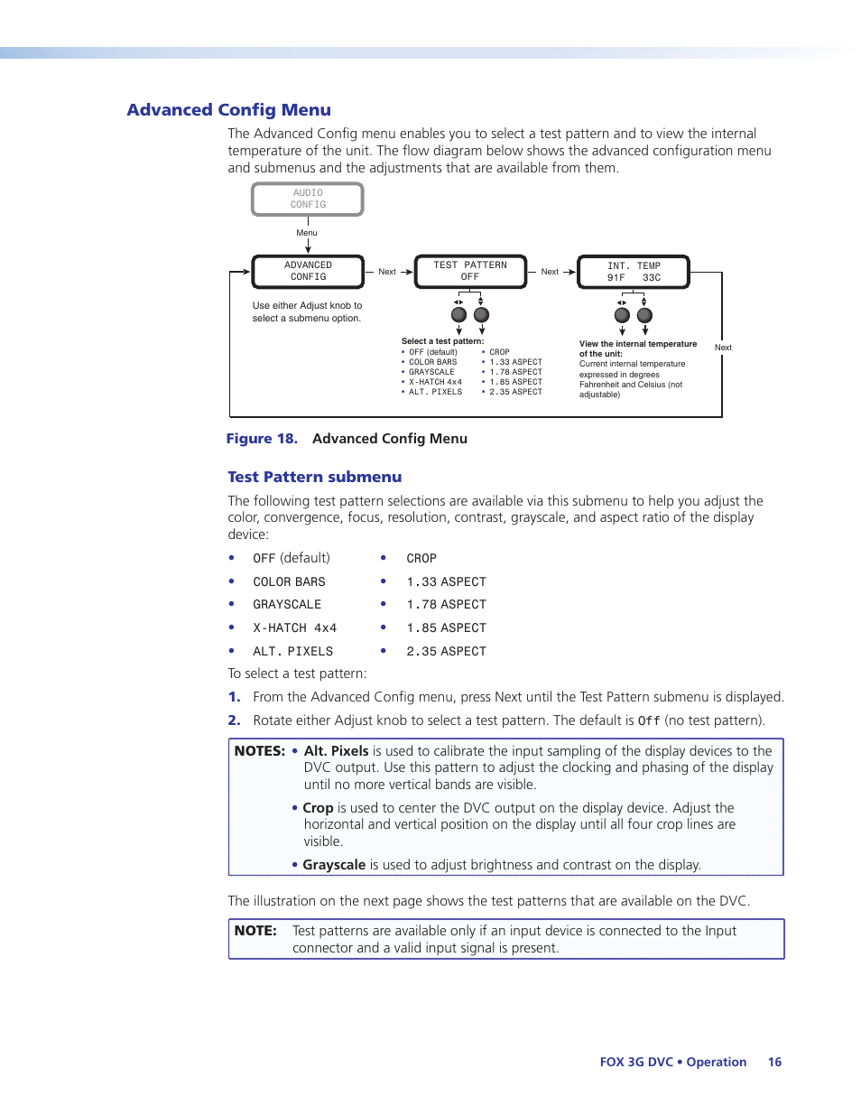 Advanced config menu, Test pattern submenu | Extron Electronics FOX 3G DVC User Guide User Manual | Page 22 / 39