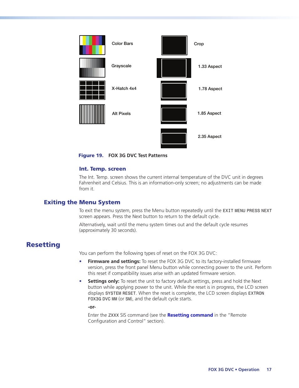 Exiting the menu system, Resetting | Extron Electronics FOX 3G DVC User Guide User Manual | Page 23 / 39