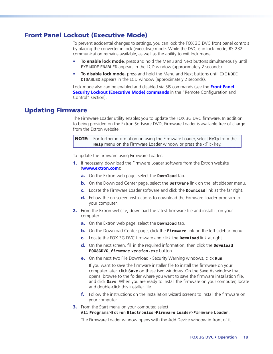 Front panel lockout (executive mode), Updating firmware | Extron Electronics FOX 3G DVC User Guide User Manual | Page 24 / 39