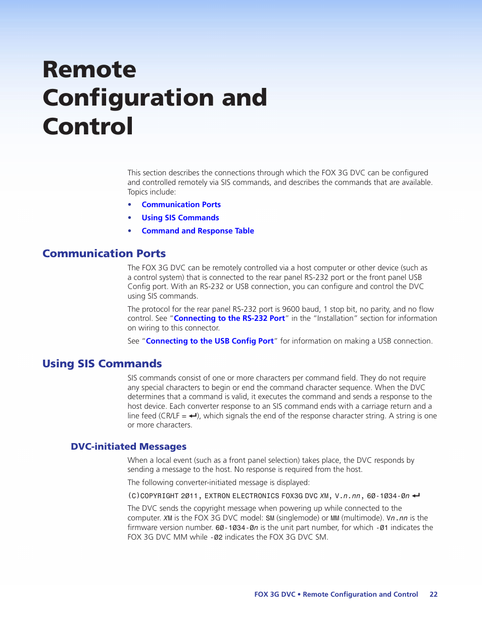 Remote configuration and control, Communication ports, Using sis commands | Dvc-initiated messages, Communication ports using sis commands, Remote, Configuration and control | Extron Electronics FOX 3G DVC User Guide User Manual | Page 28 / 39