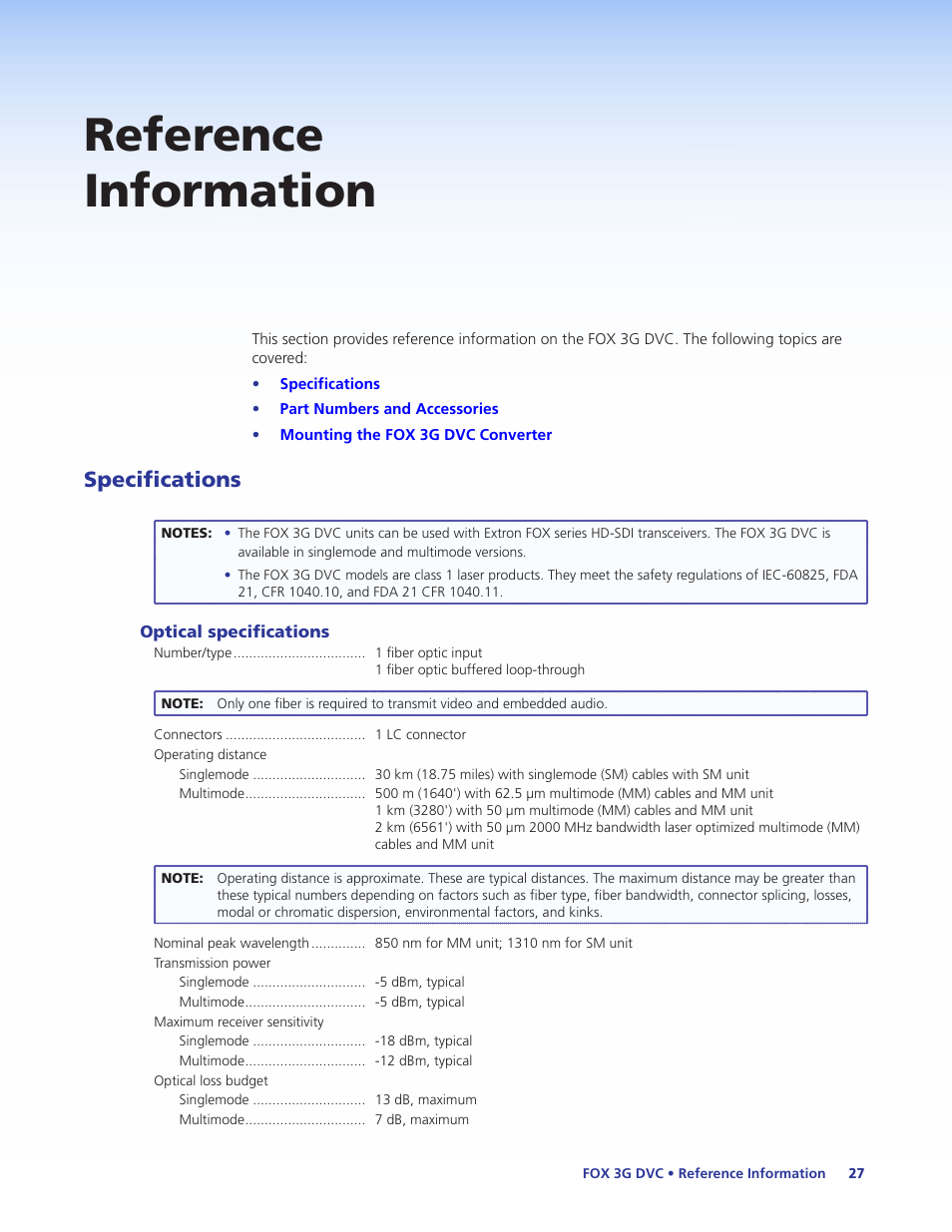 Reference information, Specifications | Extron Electronics FOX 3G DVC User Guide User Manual | Page 33 / 39