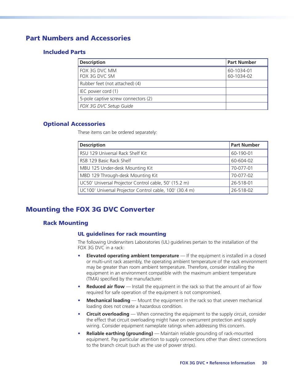 Part numbers and accessories, Included parts, Optional accessories | Mounting the fox 3g dvc converter, Rack mounting, Included parts optional accessories, Mounting the, Fox 3g dvc converter, In the “refer, Ol cable (uc50' or uc100'; see | Extron Electronics FOX 3G DVC User Guide User Manual | Page 36 / 39