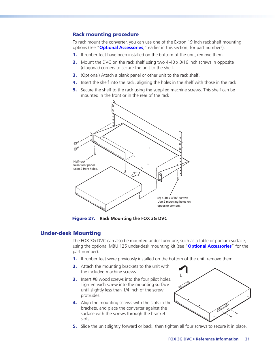 Under-desk mounting, Rack mounting procedure | Extron Electronics FOX 3G DVC User Guide User Manual | Page 37 / 39