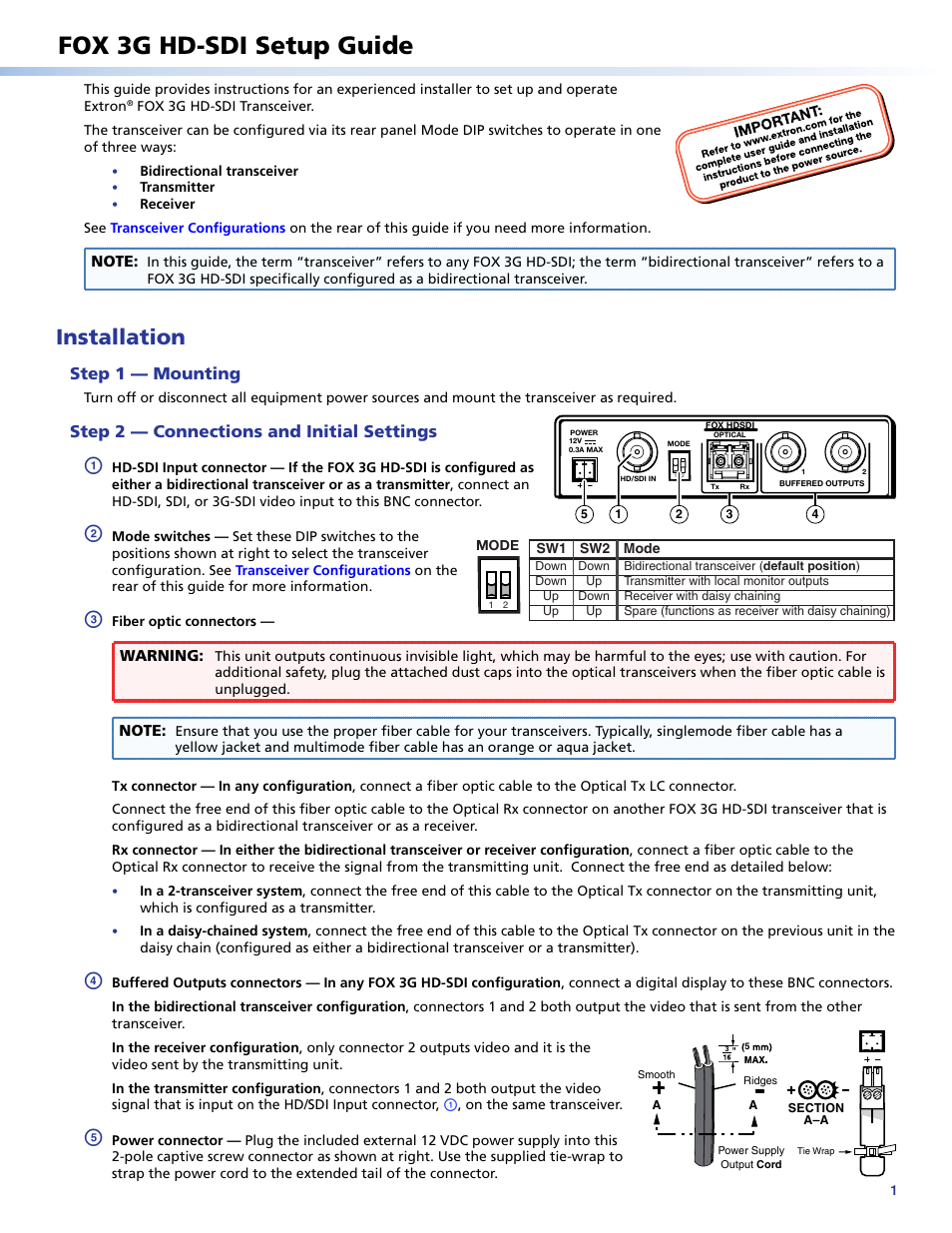 Extron Electronics FOX 3G HD-SDI Setup Guide User Manual | 2 pages