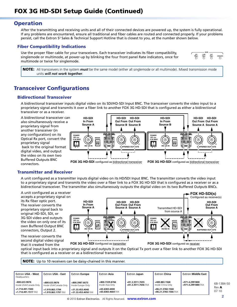 Transceiver configurations, Configuration. see, Fox 3g hd-sdi setup guide (continued) | Operation, Fiber compatibility indications, Bidirectional transceiver, Transmitter and receiver, Fox hd-sdi(s) | Extron Electronics FOX 3G HD-SDI Setup Guide User Manual | Page 2 / 2