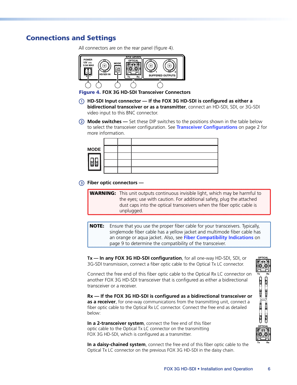Connections and settings, E the transceivers. see | Extron Electronics FOX 3G HD-SDI User Guide User Manual | Page 10 / 26