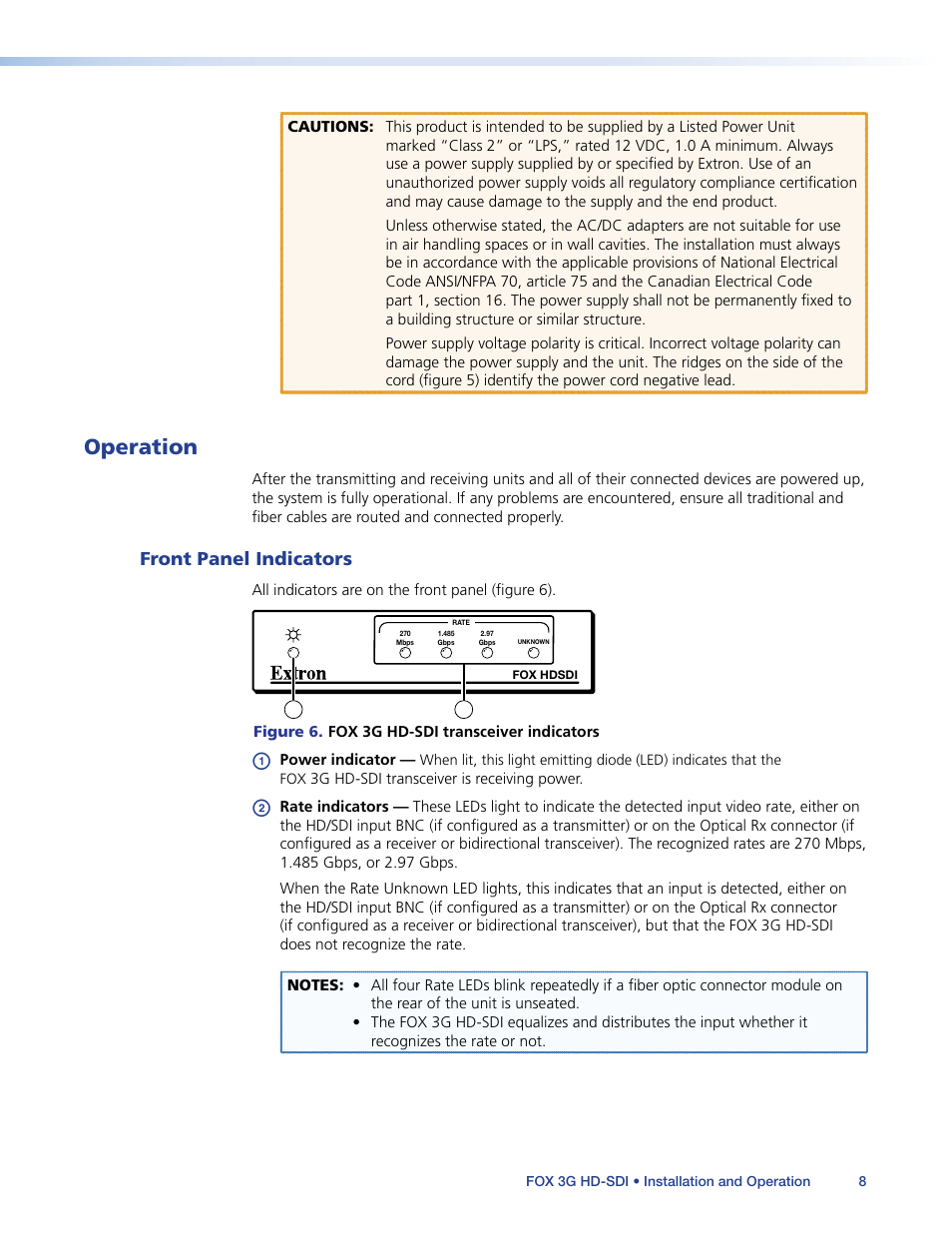 Operation, Front panel indicators | Extron Electronics FOX 3G HD-SDI User Guide User Manual | Page 12 / 26