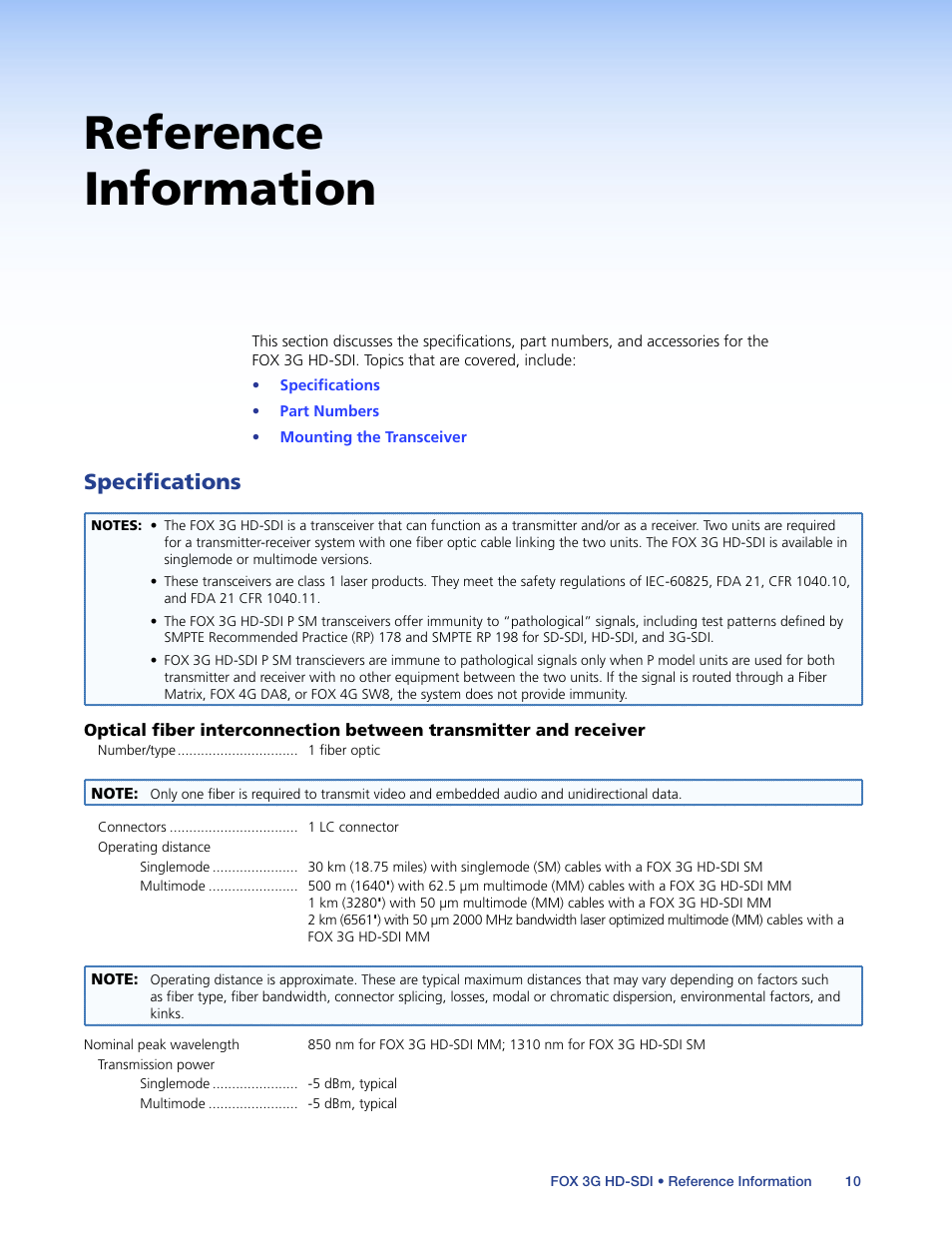 Reference information, Specifications, Detailed mounting instructions can be found in the | Section. the | Extron Electronics FOX 3G HD-SDI User Guide User Manual | Page 14 / 26