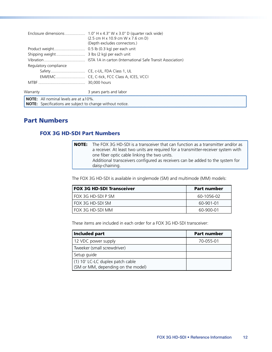 Part numbers, Fox hd-sdi part numbers, Fox 3g hd-sdi part numbers | Extron Electronics FOX 3G HD-SDI User Guide User Manual | Page 16 / 26