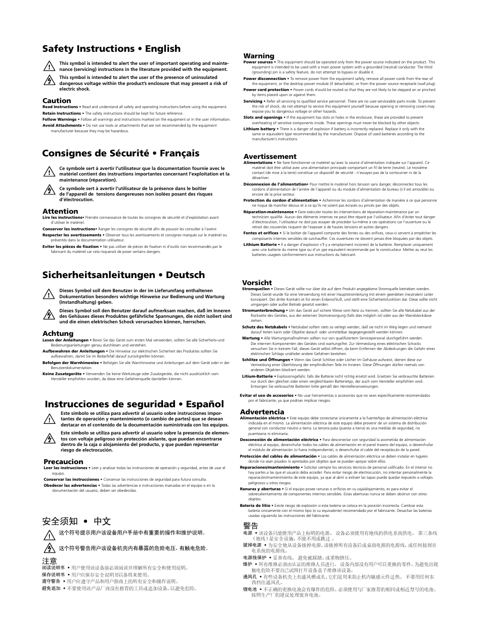 Instrucciones de seguridad • español 安全须知 • 中文, Caution, Warning | Attention, Avertissement, Achtung, Vorsicht, Precaucion, Advertencia | Extron Electronics FOX 3G HD-SDI User Guide User Manual | Page 2 / 26