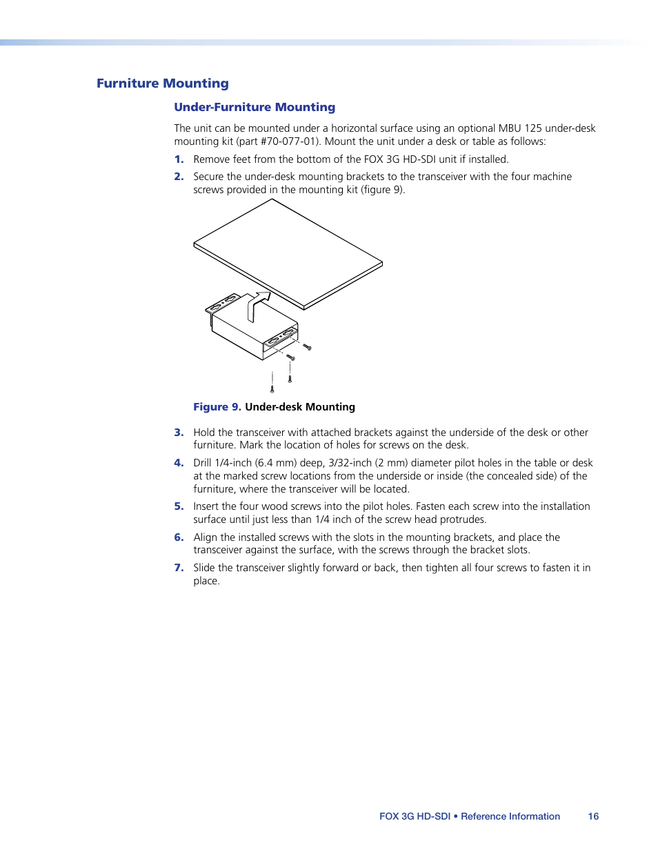 Furniture mounting, Mounted under a desk or tabletop | Extron Electronics FOX 3G HD-SDI User Guide User Manual | Page 20 / 26