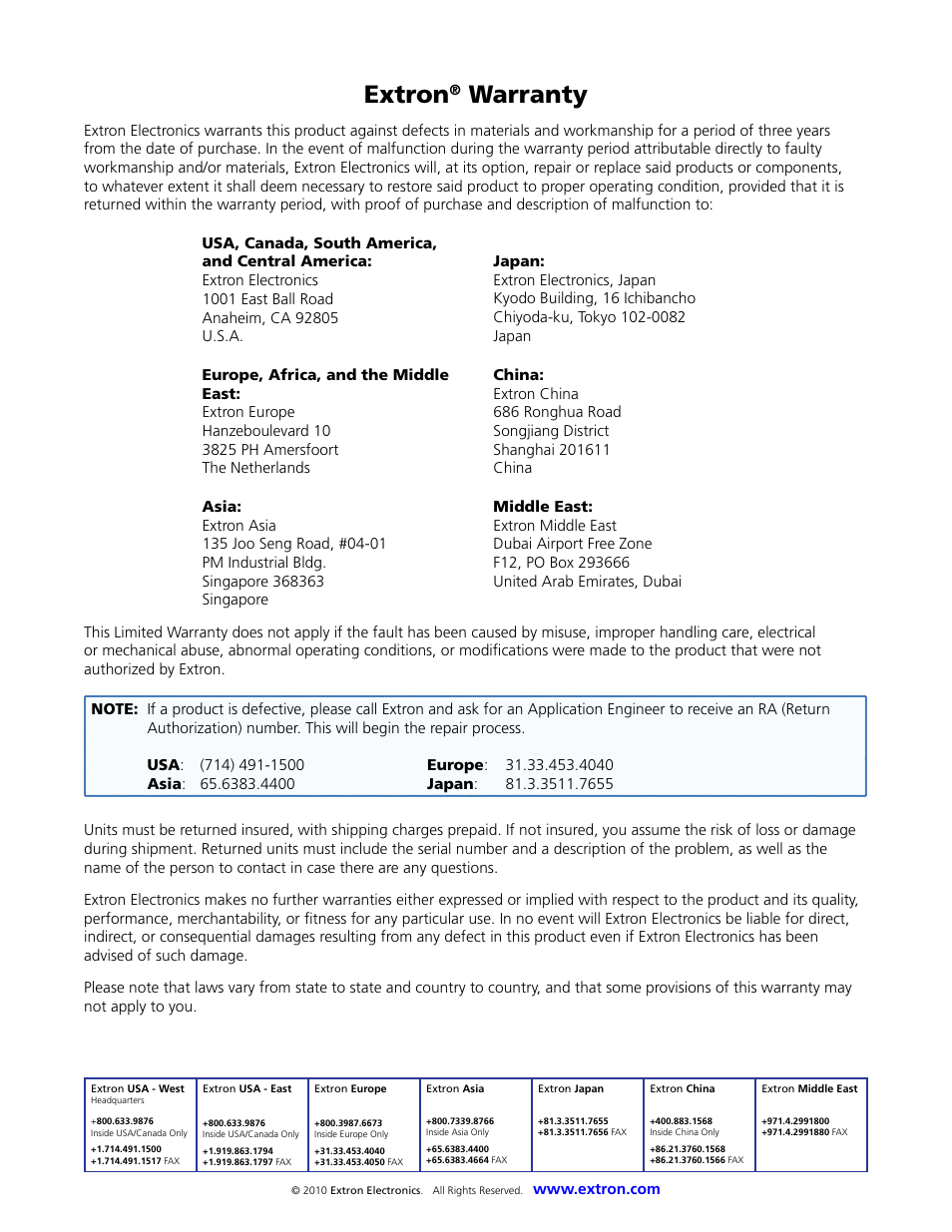 Extron, Warranty | Extron Electronics FOX 3G HD-SDI User Guide User Manual | Page 26 / 26