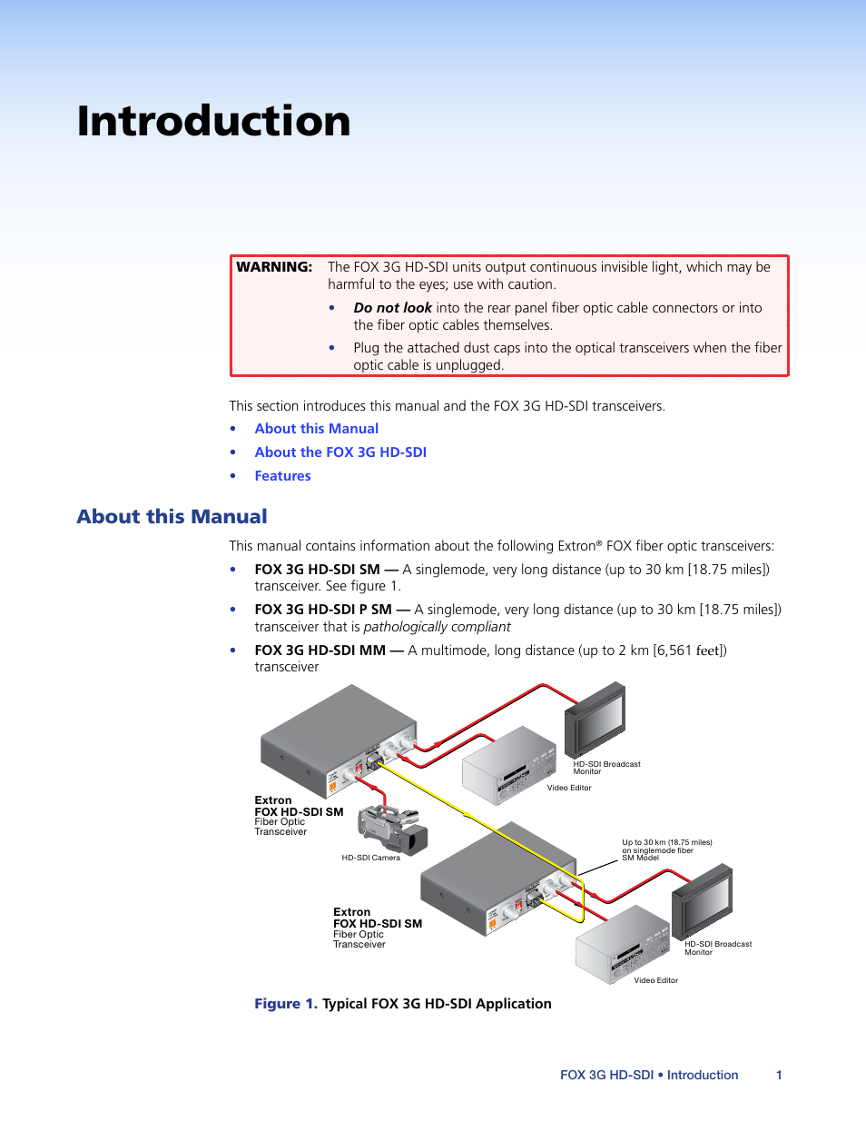 Introduction, About this manual, Figure 1. typical fox 3g hd-sdi application | Extron Electronics FOX 3G HD-SDI User Guide User Manual | Page 5 / 26
