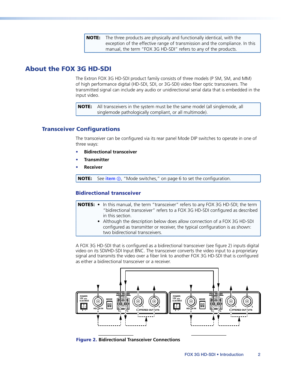 About the fox 3g hd-sdi, Transceiver configurations, Bidirectional transceiver | Mode switches,” on page 6 to set the configuration, Figure 2. bidirectional transceiver connections | Extron Electronics FOX 3G HD-SDI User Guide User Manual | Page 6 / 26