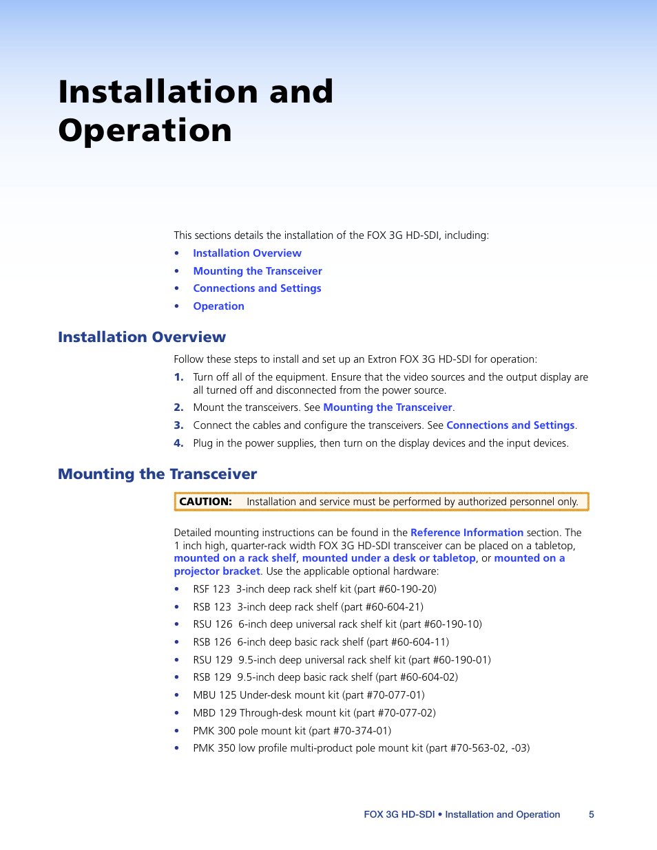 Installation and operation, Installation overview, Mounting the transceiver | Installation overview mounting the transceiver | Extron Electronics FOX 3G HD-SDI User Guide User Manual | Page 9 / 26