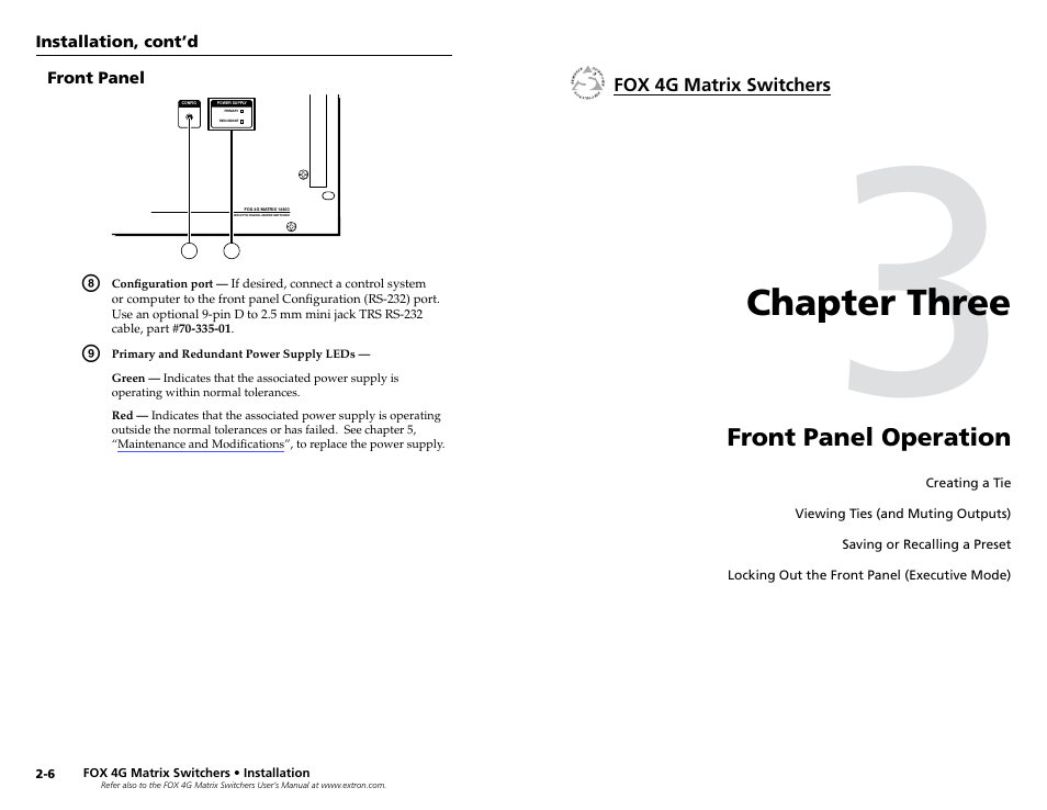 Front panel, Chapter 3 • front panel operation, Chapter three • front panel operation | Chapter three | Extron Electronics FOX 4G Matrix 7200 Setup Guide User Manual | Page 10 / 23