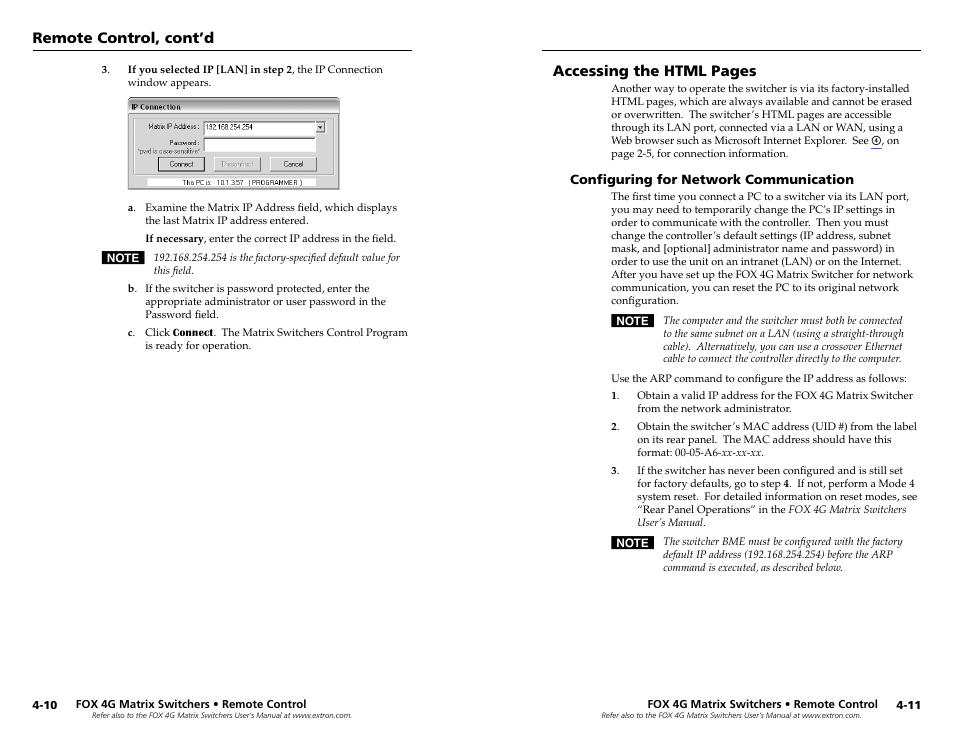 Configuring for network communication, Configuring for network communication -11, Accessing the html pages | Remote control, cont’d | Extron Electronics FOX 4G Matrix 7200 Setup Guide User Manual | Page 17 / 23