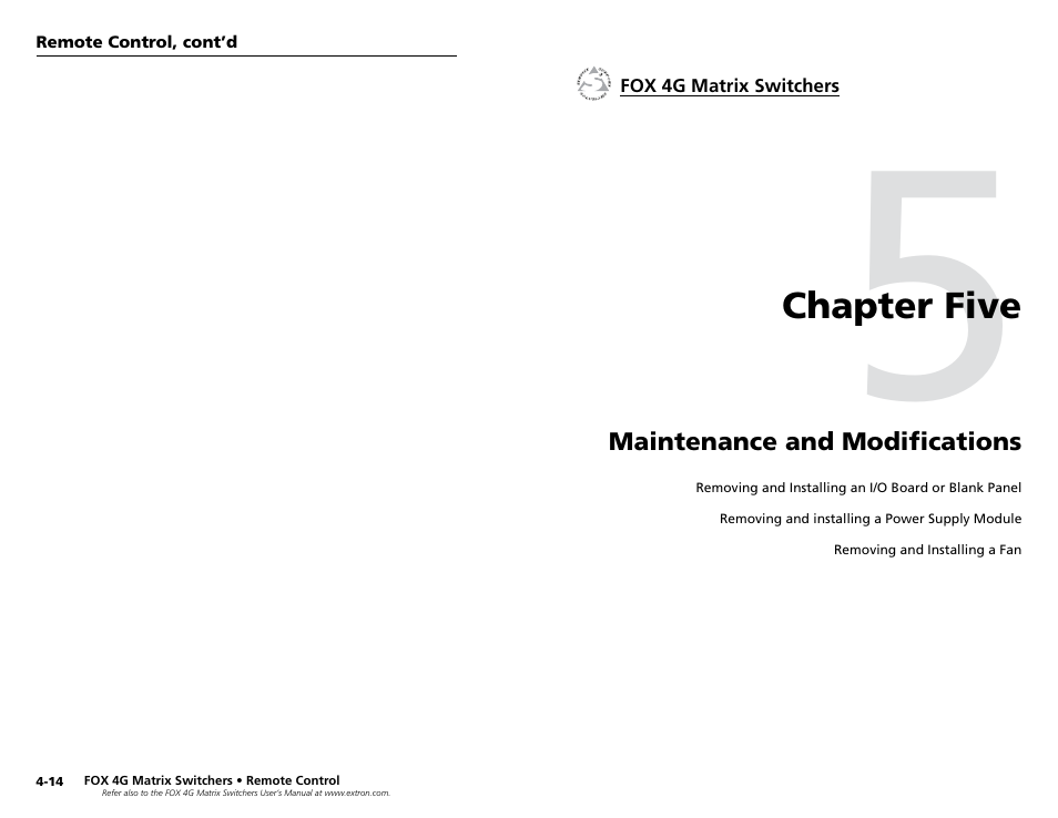 Chapter 5 • maintenance and modifications, Chapter five • maintenance and modifications | Extron Electronics FOX 4G Matrix 7200 Setup Guide User Manual | Page 19 / 23