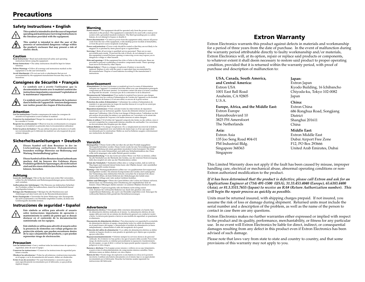 Precautions, Extron warranty, Instrucciones de seguridad • español | Extron Electronics FOX 4G Matrix 7200 Setup Guide User Manual | Page 2 / 23