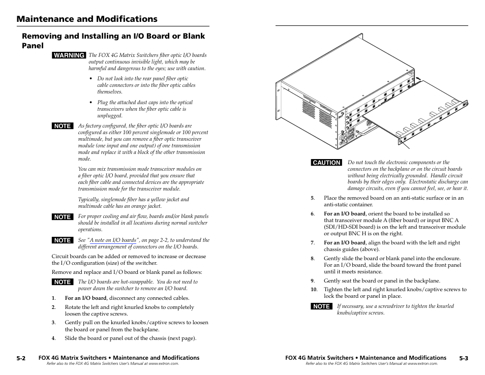 Replace the i/o boards, power supplies, and fans, Maintenance and modifications | Extron Electronics FOX 4G Matrix 7200 Setup Guide User Manual | Page 20 / 23