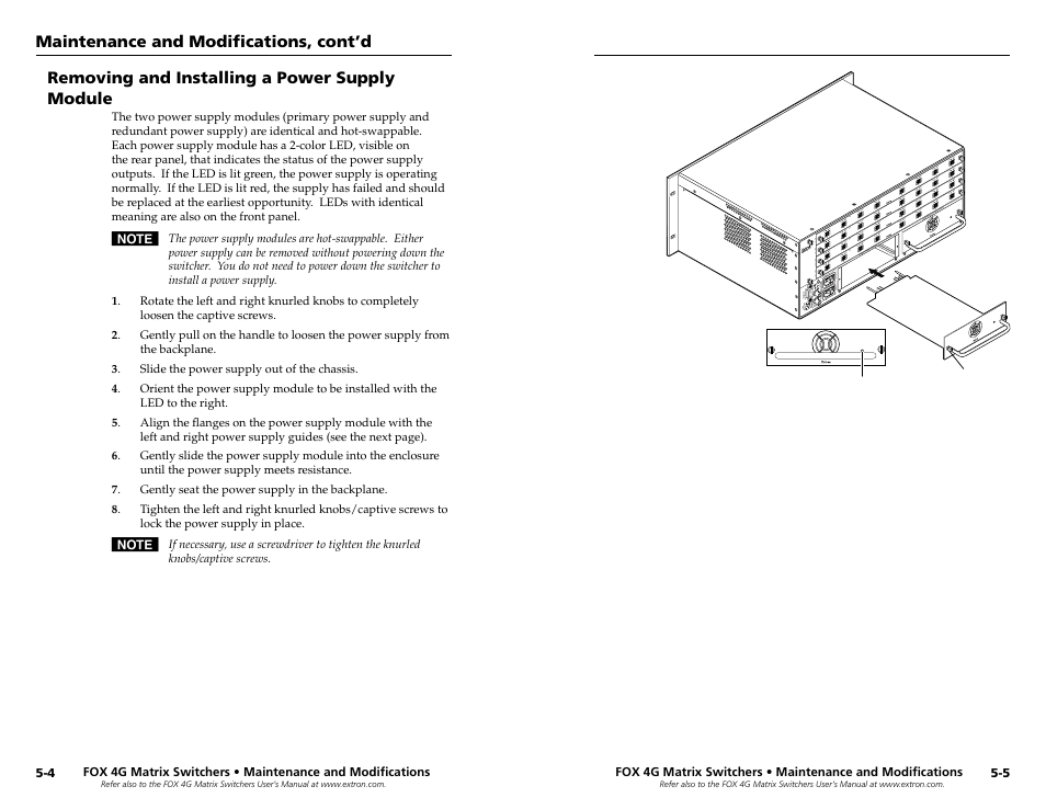 Removing and installing a power supply module | Extron Electronics FOX 4G Matrix 7200 Setup Guide User Manual | Page 21 / 23